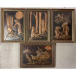 4 framed repousse copper panels depicting various oriental scenes to including workers collecting