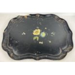 A large antique Jennens & Bettridge black paper mache serving tray with hand painted floral