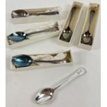 A 1950's silver teaspoon with engraved crossed rifles to handle. Together with 5 boxed silver plated