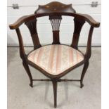 A Victorian dark wood corner chair with inlaid detail to back and fanned spindle design. 4