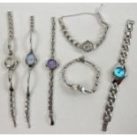 5 bracelet strap ladies quartz watches to include marcasite set. 3 watches have colour block