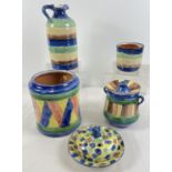 5 assorted mid century hand crafted terracotta pots with hand painted designs. From Andalusia,