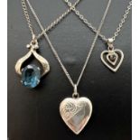 3 silver necklaces. An open work heart set with small sapphire, on an 18" belcher chain; an Art