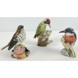 3 R & J Mack ceramic bird figurines - Green Woodpecker, Song Thrush & Kingfisher. Boxed, all with