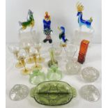 A box of assorted vintage clear & coloured glass items. To include: Murano clown, Isle of Wight