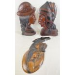 3 wall hanging South American (possibly Peruvian) wooden carved wall hanging plaques of indigenous