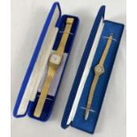 2 vintage gold tone Montine Swiss movement ladies wristwatches, in original boxes.