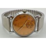 A vintage men's wristwatch by Aero, with secondary dial. Gold tone face with pale gold hour