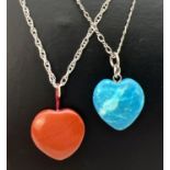 2 natural stone heart shaped pendants on 18" rope chains, both stamped 925 to clasps. Both