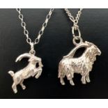 2 white metal pendants/charms in the shape of rams on 925 silver chains. A small rearing ram on an