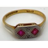 A vintage 18ct gold and platinum Art Deco design ring set with 2 square cut rubies and 2 diamond