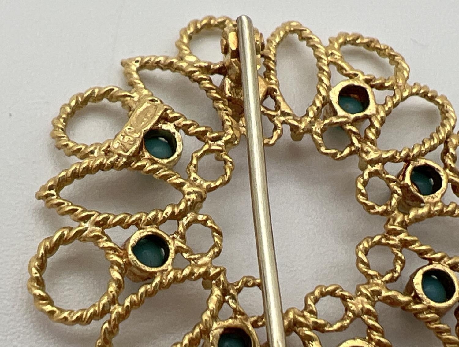 A 18ct gold open work circular brooch set with 8 small round turquoise cabochons. Secure pin to - Image 3 of 3