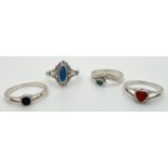 4 assorted silver dress rings set with natural stone, all size O and OÂ½.