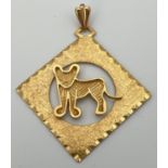 A 9ct yellow gold square shaped pendant by Eurowed featuring a lion cub. Fully hallmarked to reverse