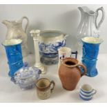 A collection of antique and vintage ceramics in various conditions. To include 2 blue glaze Minion