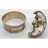 A novelty silver plated vesta case together with a silver napkin ring. Crescent moon shaped vesta,