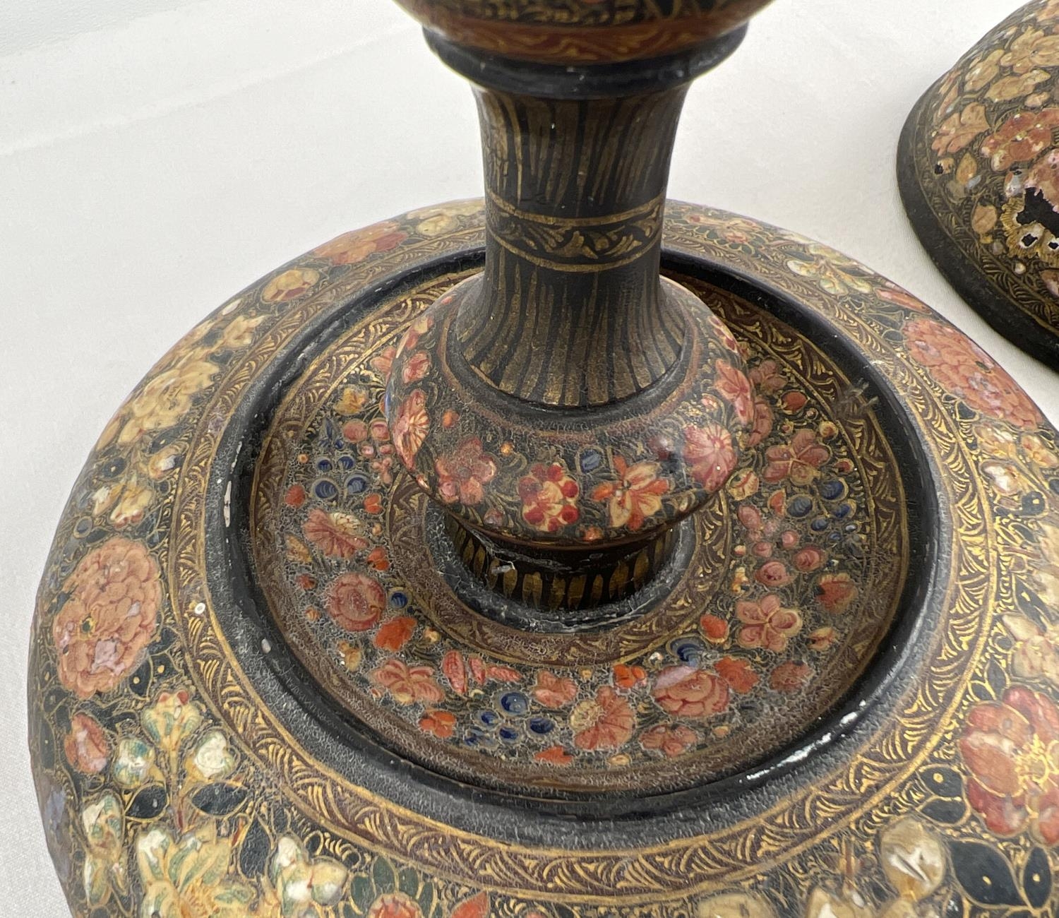An early 20th Century turned wooden Kashmiri candlestick holder and table lamp stand in the style of - Image 8 of 9