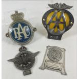 4 vintage car badges. A Collins, London Civil Service Motoring Association badge with red