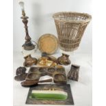 A collection of vinatge wooden and wicker items. To include bread boards, vanity items, sectional