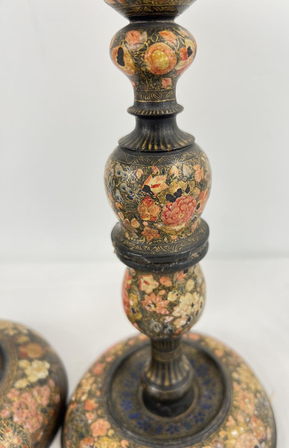 An early 20th Century turned wooden Kashmiri candlestick holder and table lamp stand in the style of - Image 5 of 9