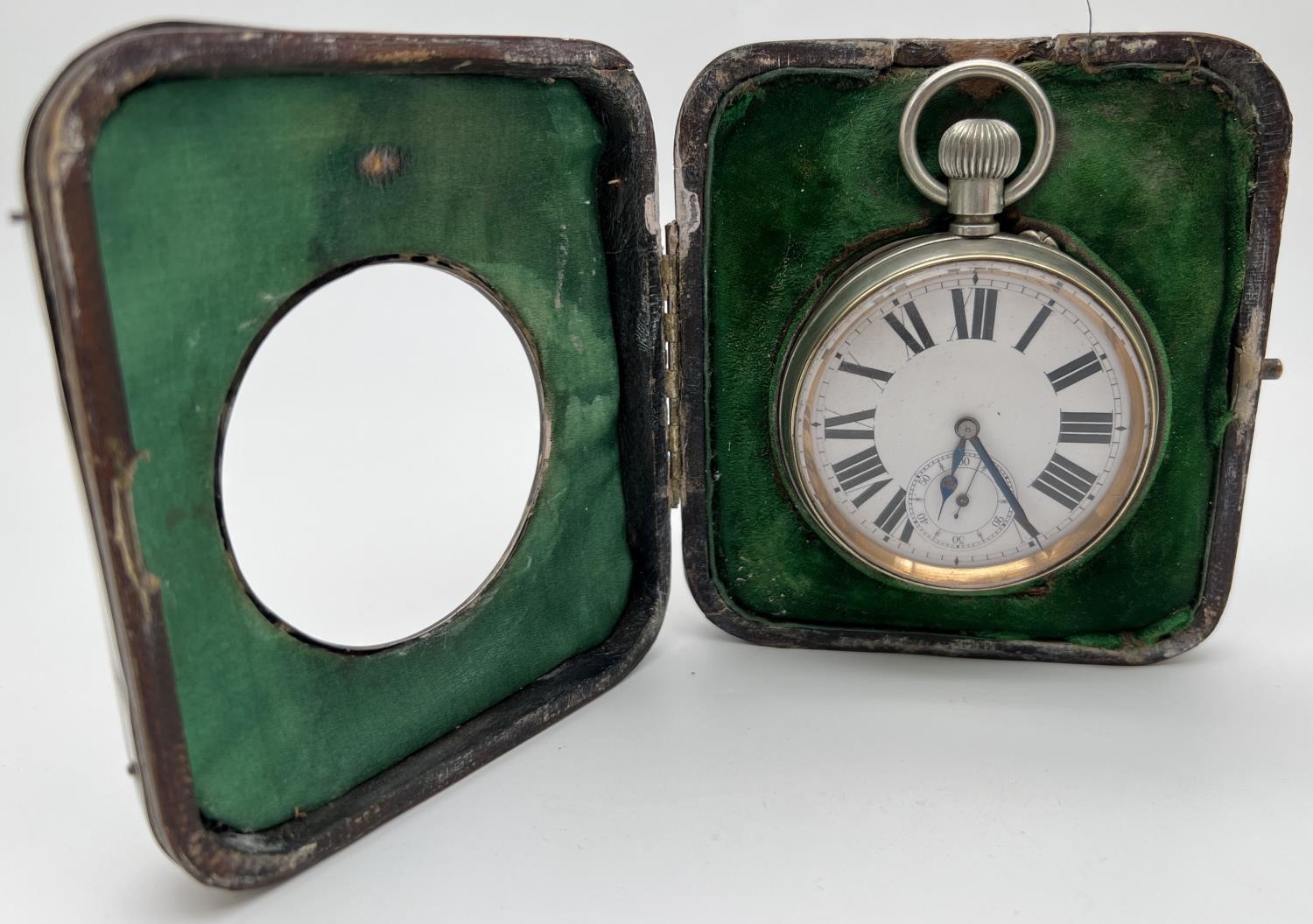 A late Victorian silver covered pocket watch stand with an Argentan Goliath pocket watch. Silver - Image 4 of 7