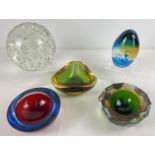 A small collection of retro art glass. To include a large clear glass ball paperweight, coloured