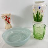 2 ceramic vases together with 2 pieces of glass. A large clear & white cloud glass bowl (approx.