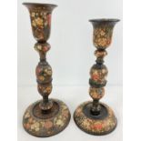 An early 20th Century turned wooden Kashmiri candlestick holder and table lamp stand in the style of