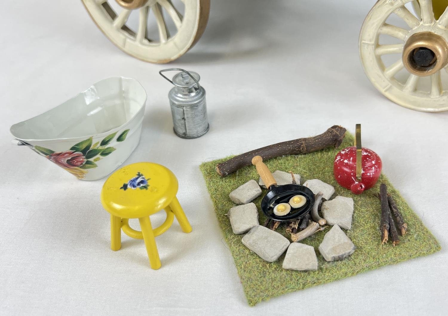 A painted wooden model of a Gypsy caravan with hand painted and sticker detail and green felt - Image 3 of 9