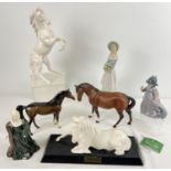 A collection of assorted ceramic horse and lady figurines, mostly a/f. 4 Royal Doulton & Beswick