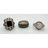 3 silver dress rings. To include a band style set with green agate and an Art Deco style dress