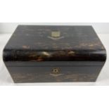 An antique coromandel wood writing box with brass inlay, in need of restoration. Interior writing