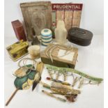 A box of mixed vintage items to include a Prudtential calendar 1940, wooden handled bell, Early