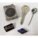 A small collection of vintage automobilia related items to include 3 enamel pin badges. Lot
