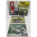 4 automobile related tin advertising signs, as new in sealed packaging. Comprising: Triumph & BSA