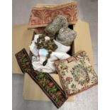 A large box of vintage textiles. To include tapestry panels, pom-pom tie backs, tapestry fronted