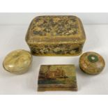 4 vintage Papier Mache and wooden trinket boxes. A large lidded Kashmiri box in gold with floral and