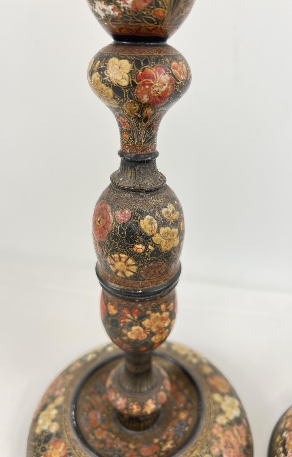 An early 20th Century turned wooden Kashmiri candlestick holder and table lamp stand in the style of - Image 4 of 9