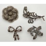 4 vintage silver marcasite set pin backed brooches, all stamped to reverse.