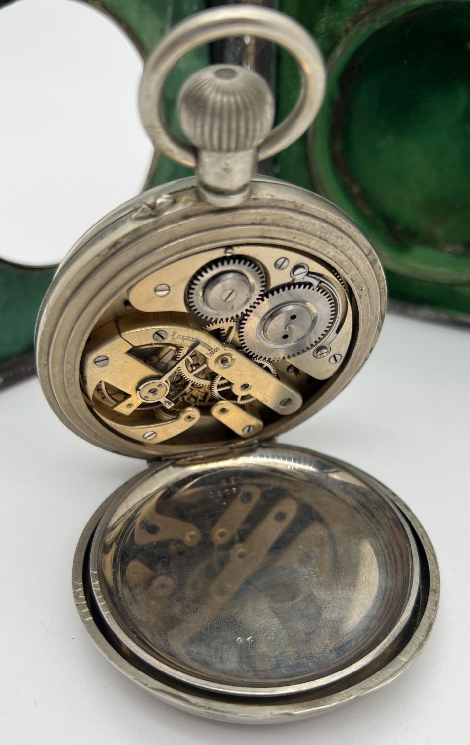 A late Victorian silver covered pocket watch stand with an Argentan Goliath pocket watch. Silver - Image 6 of 7