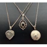 3 silver necklaces. A vintage circular locket with sun-ray detail to front, a heart shaped locket