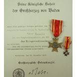 Baden: Kriegsverdienstkreuz, mit Urkunde für den Vorstand der Zahlungsstelle Armeeabteilung B bei d