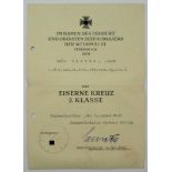 Eisernes Kreuz, 1939, 2. Klasse Urkunde für einen Gefreiten der 1./ Fallschirm-Pionier-Bataillon /