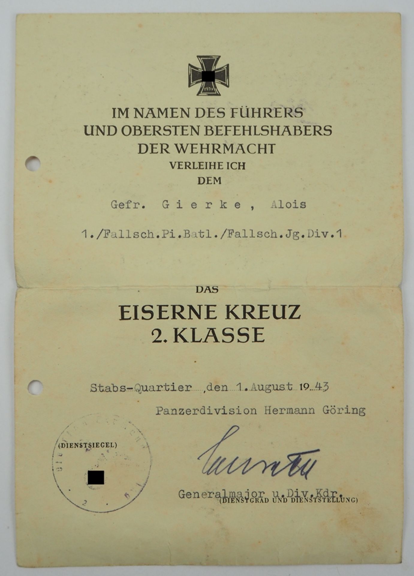 Eisernes Kreuz, 1939, 2. Klasse Urkunde für einen Gefreiten der 1./ Fallschirm-Pionier-Bataillon / 