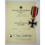 Eisernes Kreuz, 1939, 2. Klasse mit Urkunde für einen Obergefreiten der Stabskomp. I./ Panzer-Regim