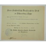Schaumburg-Lippe: Kreuz für treue Dienste 1914 Urkunde für einen Vizefeldwebel der 7./ Reserve-Infa