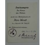 Kubanschild Urkunde für einen Oberleutnant d.R. der 2. a. Nachsch. Btl. 742 (K).