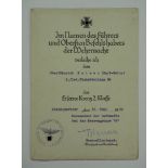 Eisernes Kreuz, 1939, 2. Klasse Urkunde für einen Oberfähnrich der 2./ lei. Flakabteilung 86.