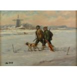 Zwei bayrische Jäger mit Hund auf Heimweg.