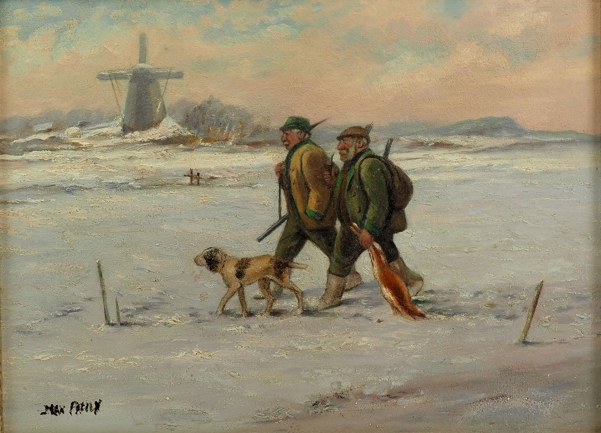 Zwei bayrische Jäger mit Hund auf Heimweg. 